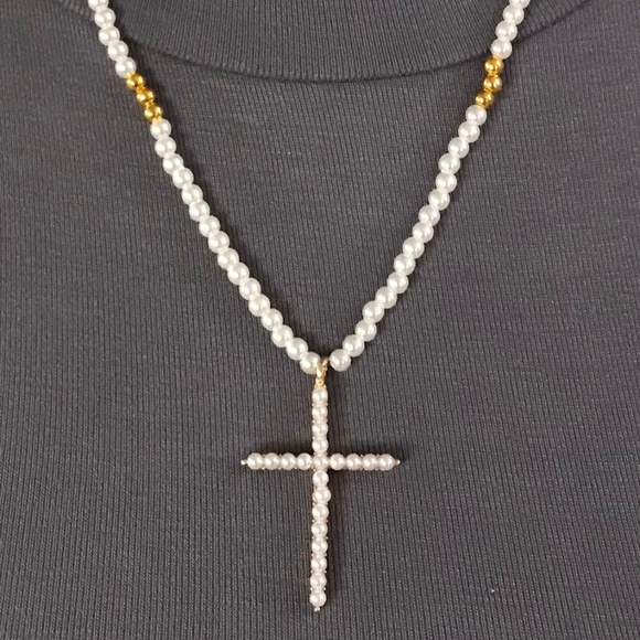 SOLD—Medici Contessina Pearls Gold Renaissance Cross Necklace Handmade Replica - Picture 5 of 16